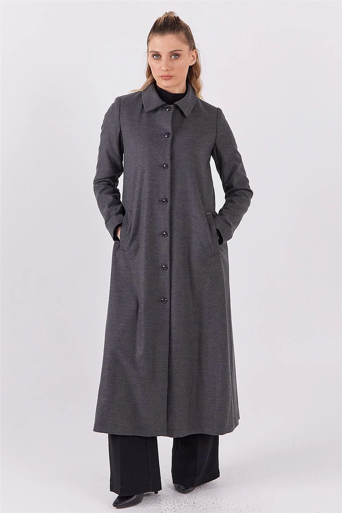 Shirt Collar Long Coat Gray