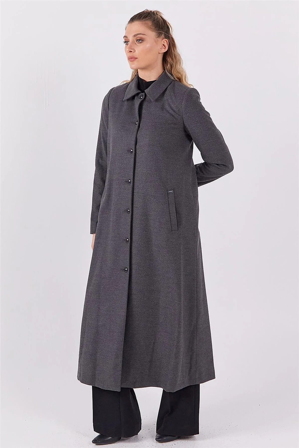 Shirt Collar Long Coat Gray