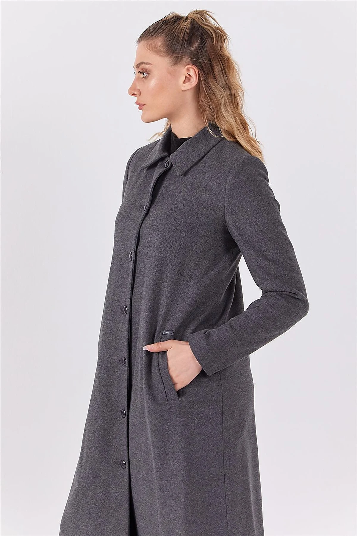 Shirt Collar Long Coat Gray