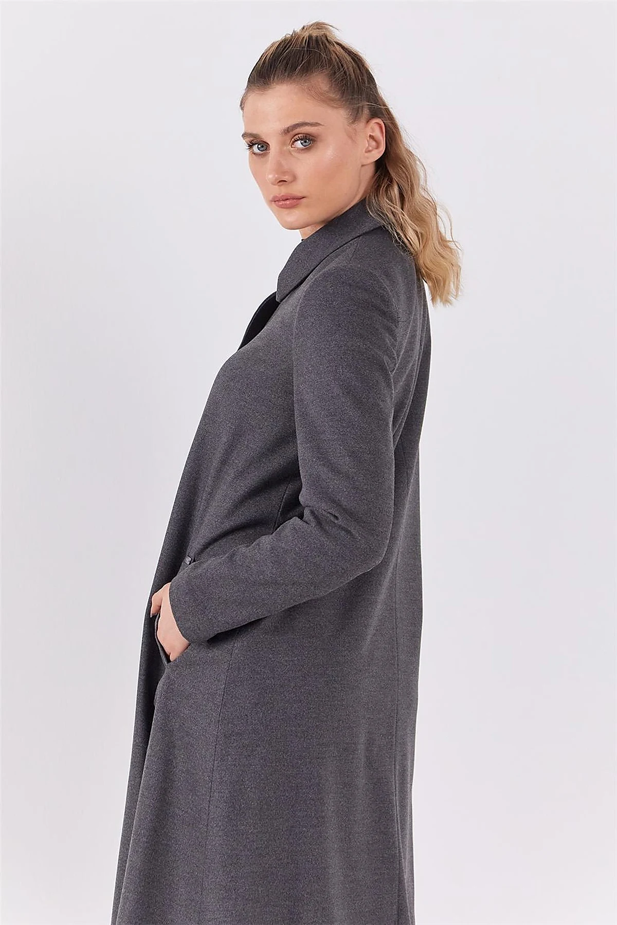 Shirt Collar Long Coat Gray