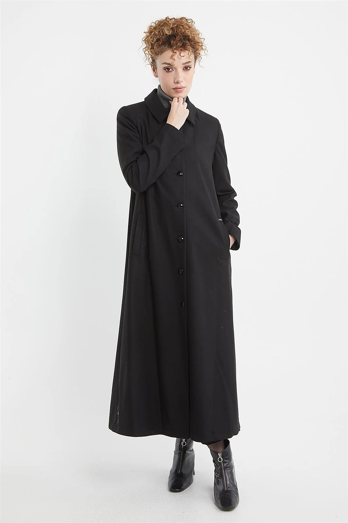 Shirt Collar Long Coat Black