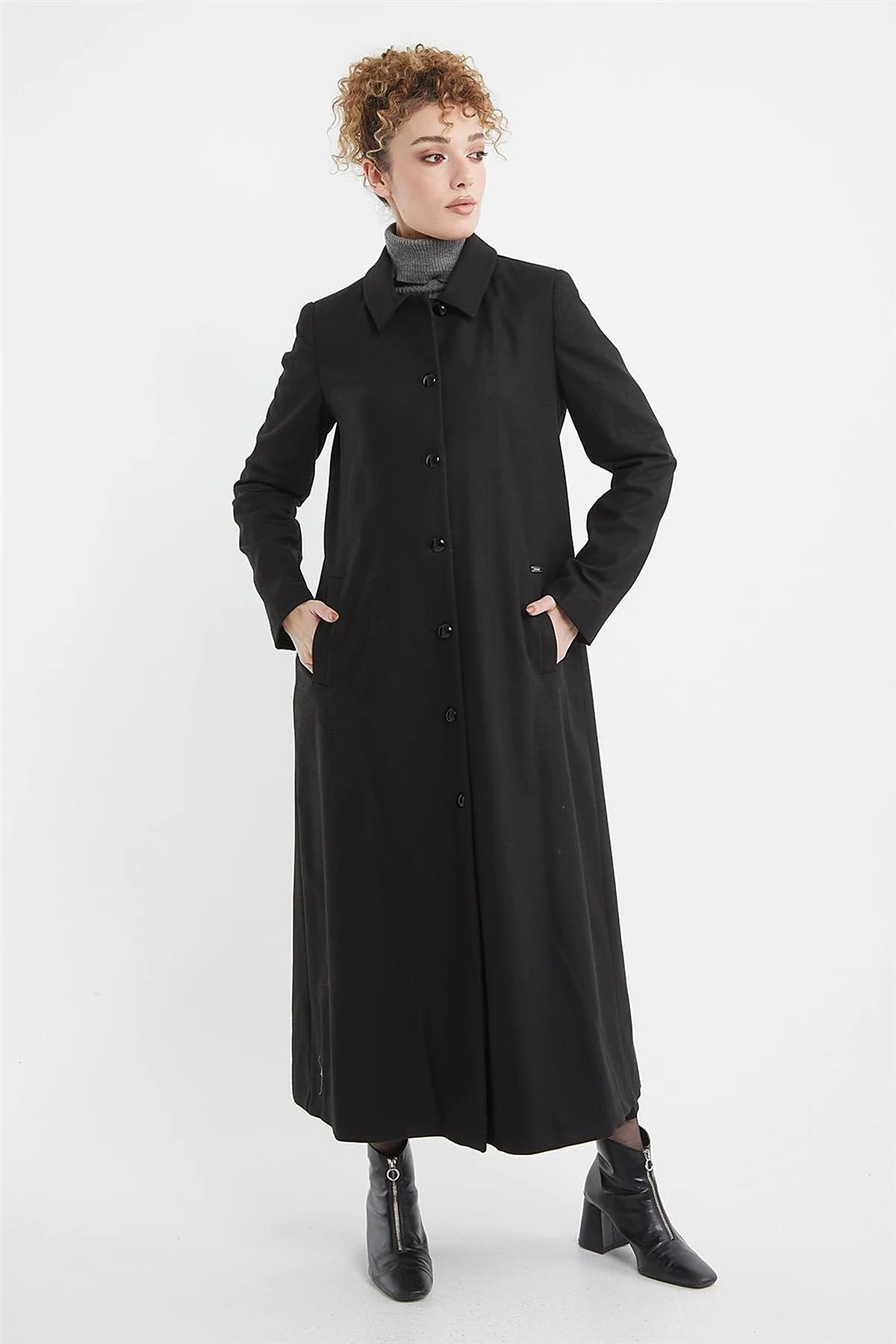Shirt Collar Long Coat Black