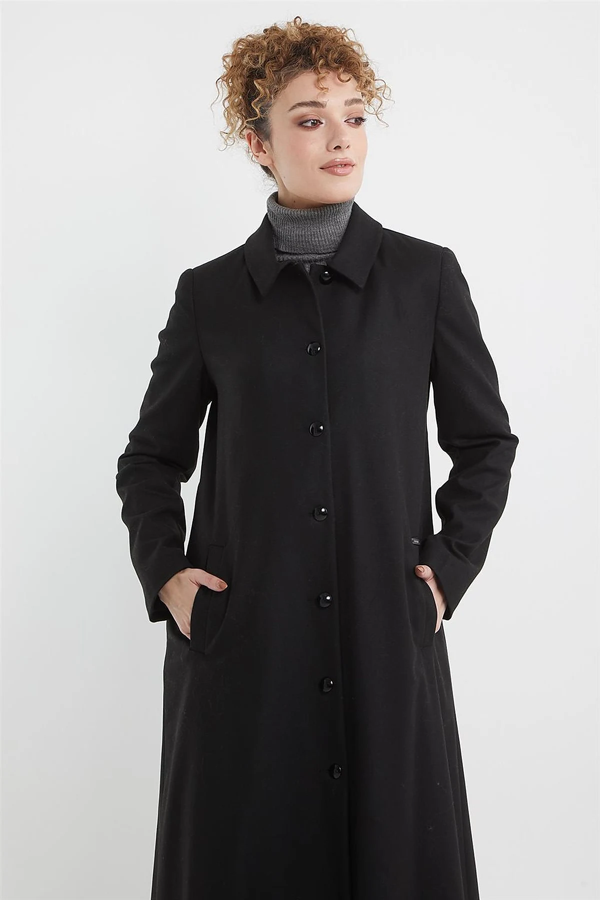 Shirt Collar Long Coat Black