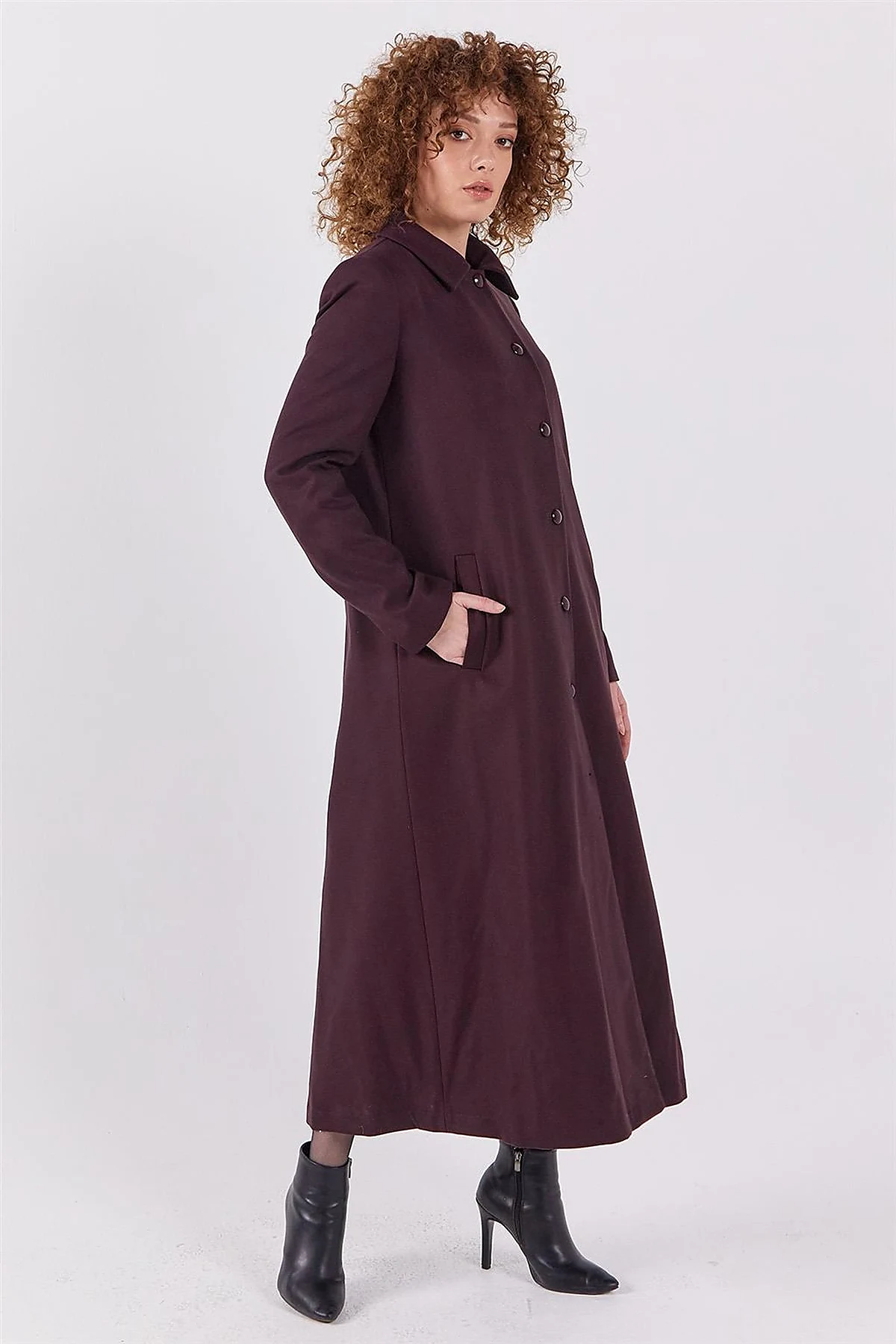 Shirt Collar Long Coat Burgundy