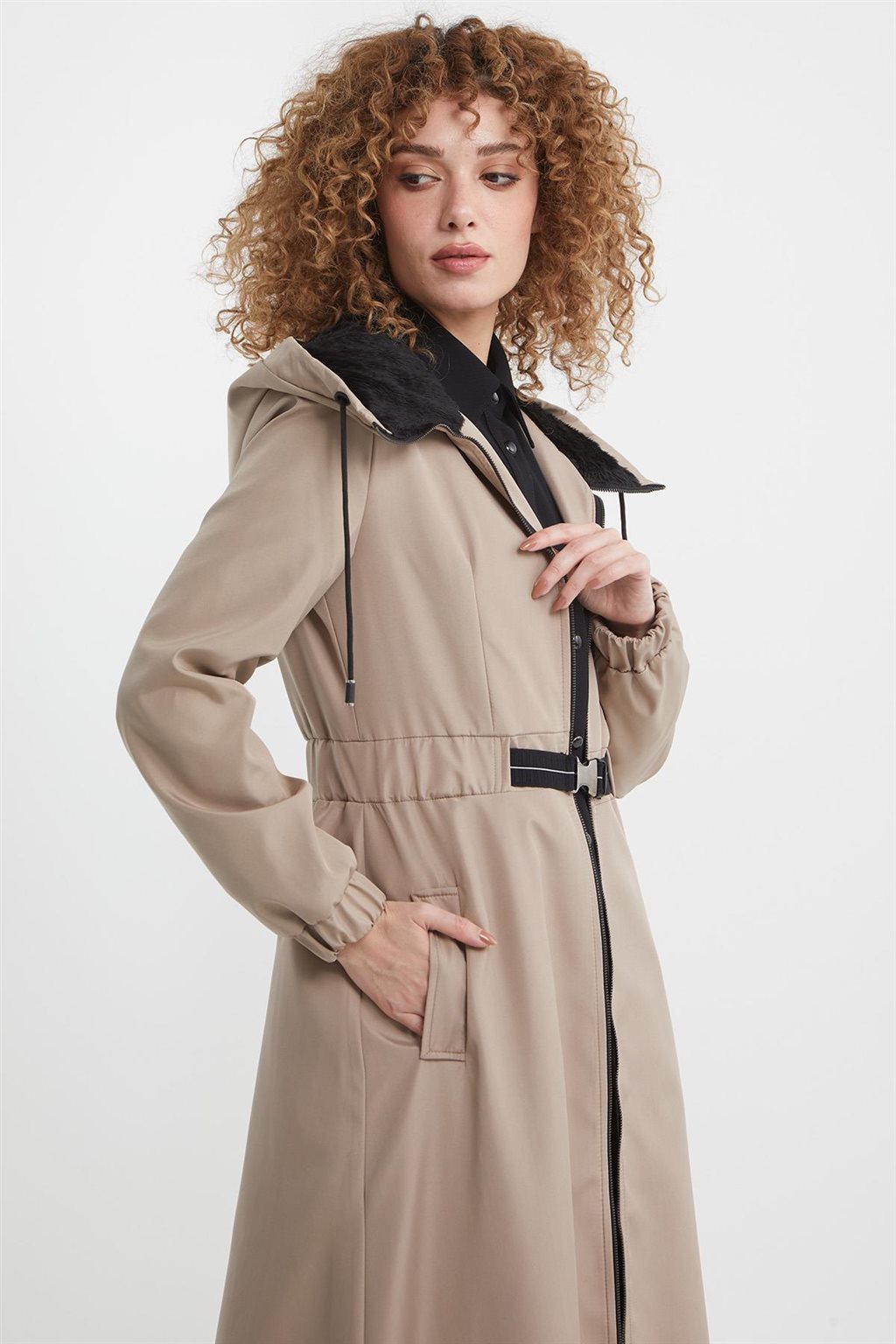 Plush Detailed Overcoat in Stone 