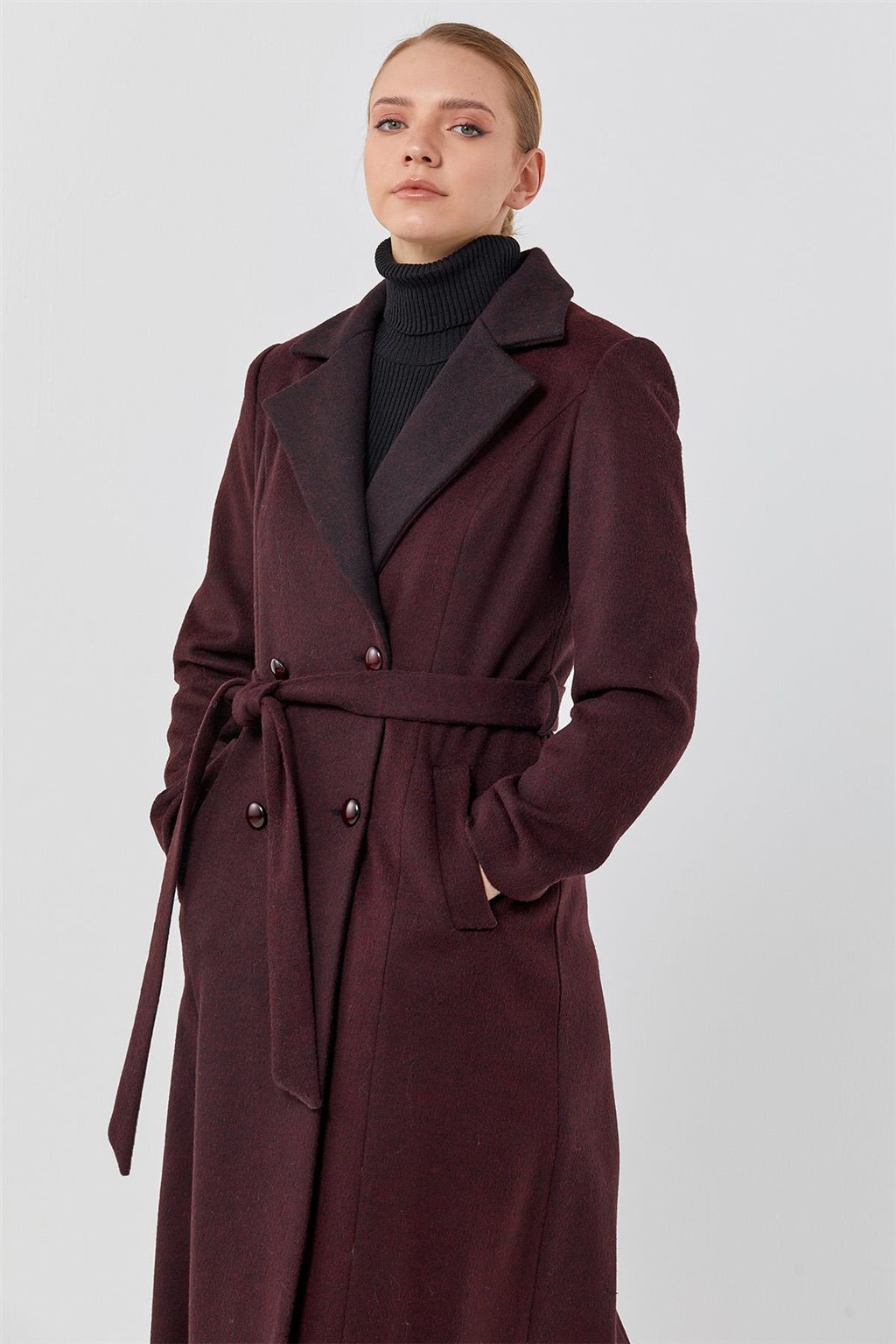 Belted Pocket Detailed Cashmere Coat Burgundy