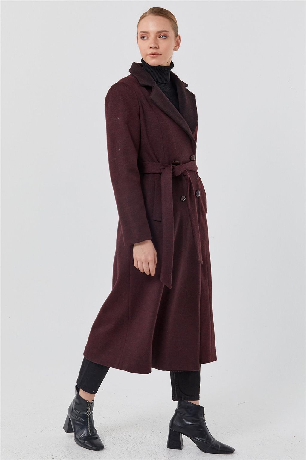 Belted Pocket Detailed Cashmere Coat Burgundy