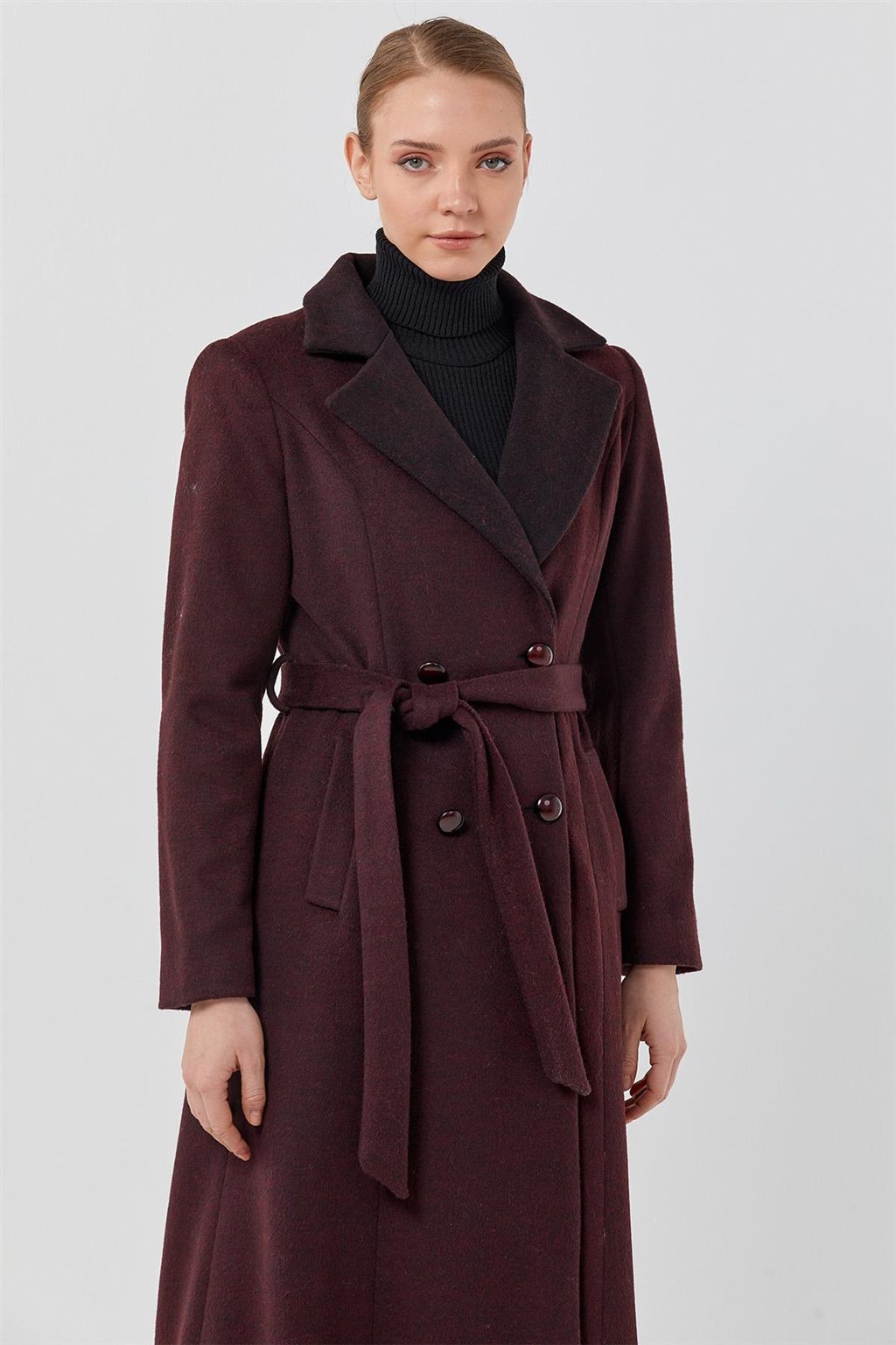 Belted Pocket Detailed Cashmere Coat Burgundy
