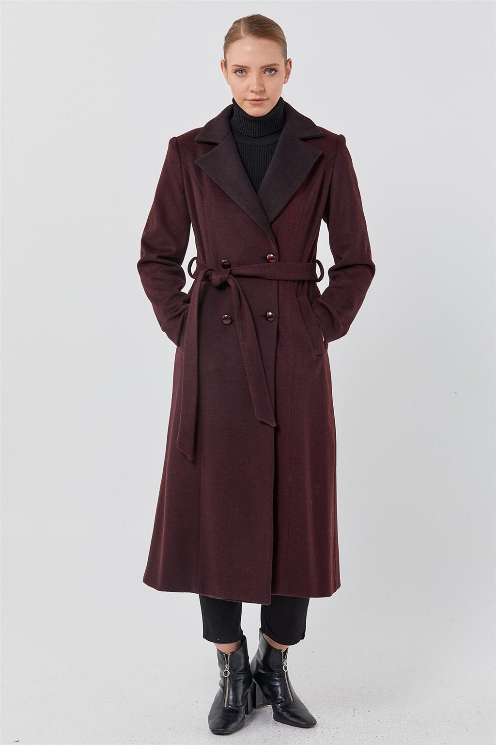 Belted Pocket Detailed Cashmere Coat Burgundy