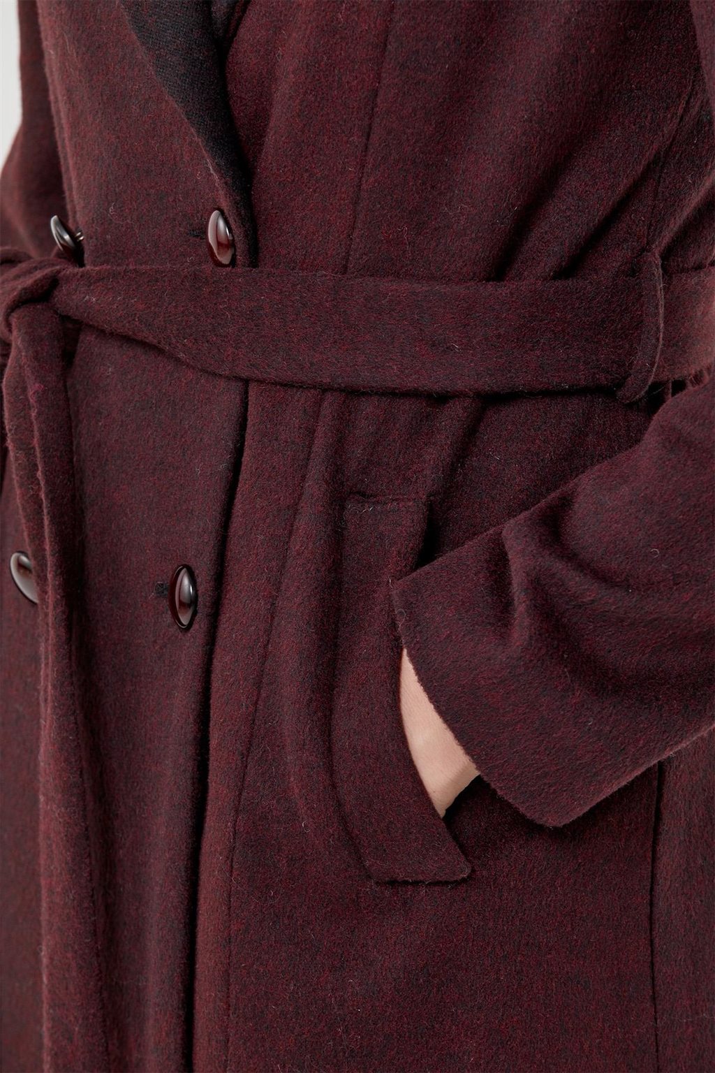 Belted Pocket Detailed Cashmere Coat Burgundy