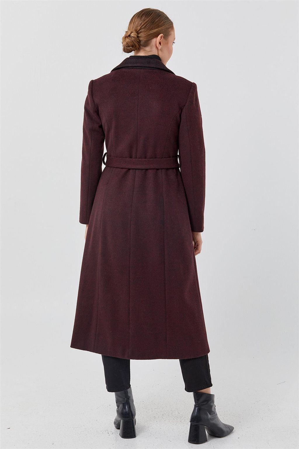 Belted Pocket Detailed Cashmere Coat Burgundy