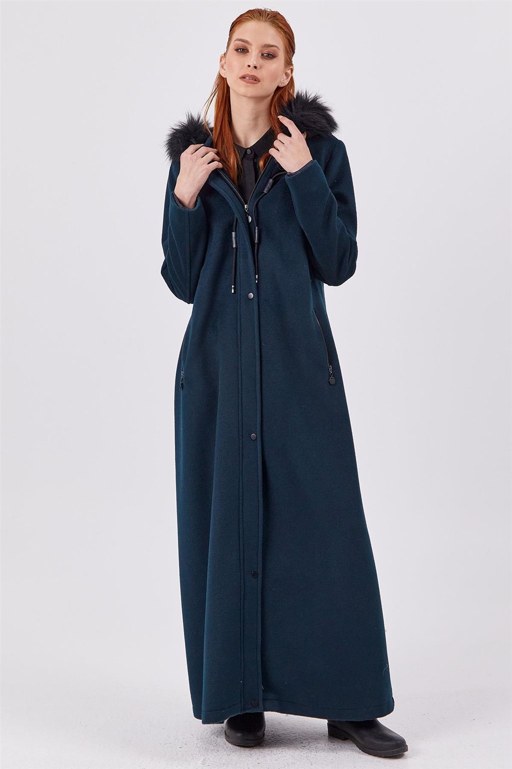 Faux Fur Detailed Coat Petrol