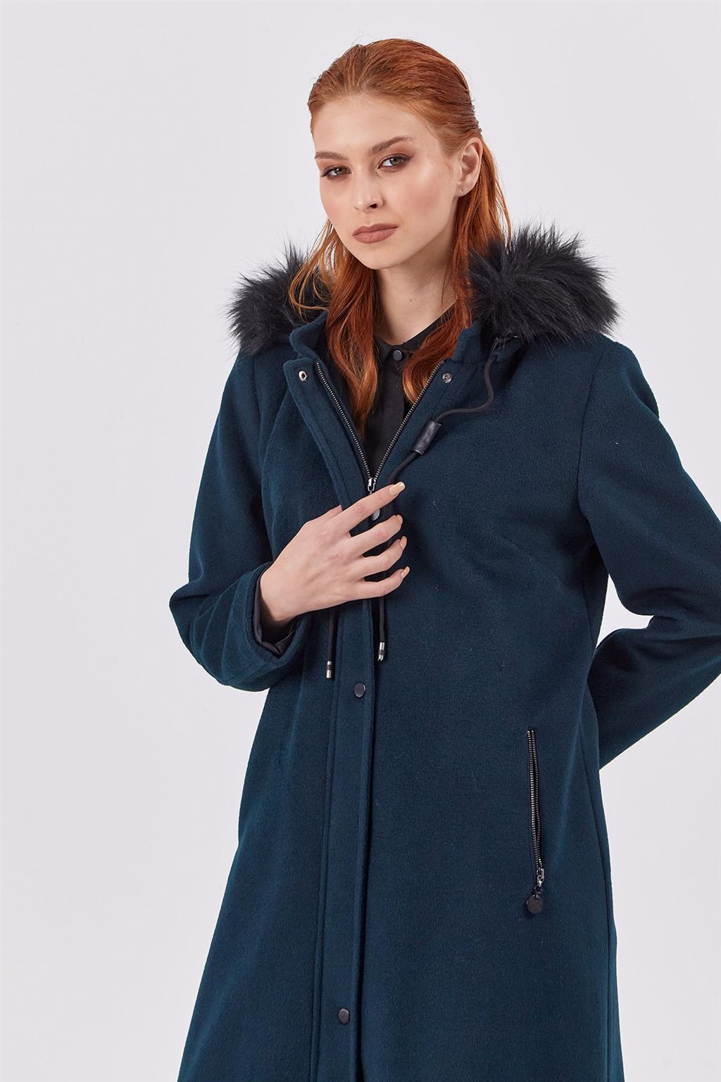 Faux Fur Detailed Coat Petrol