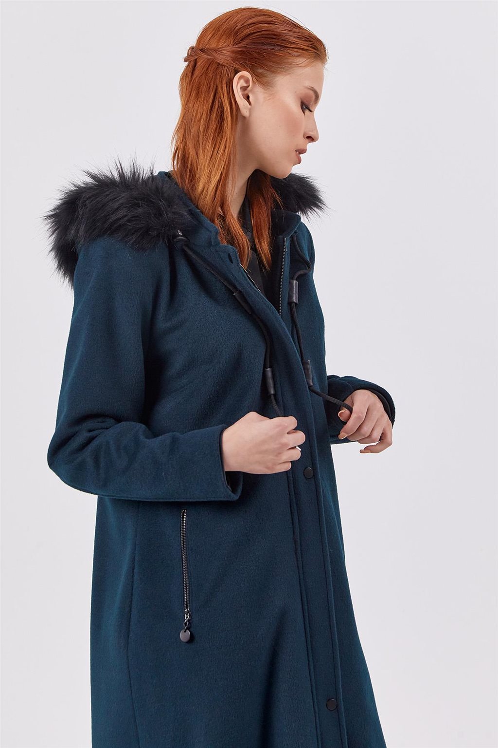 Faux Fur Detailed Coat Petrol