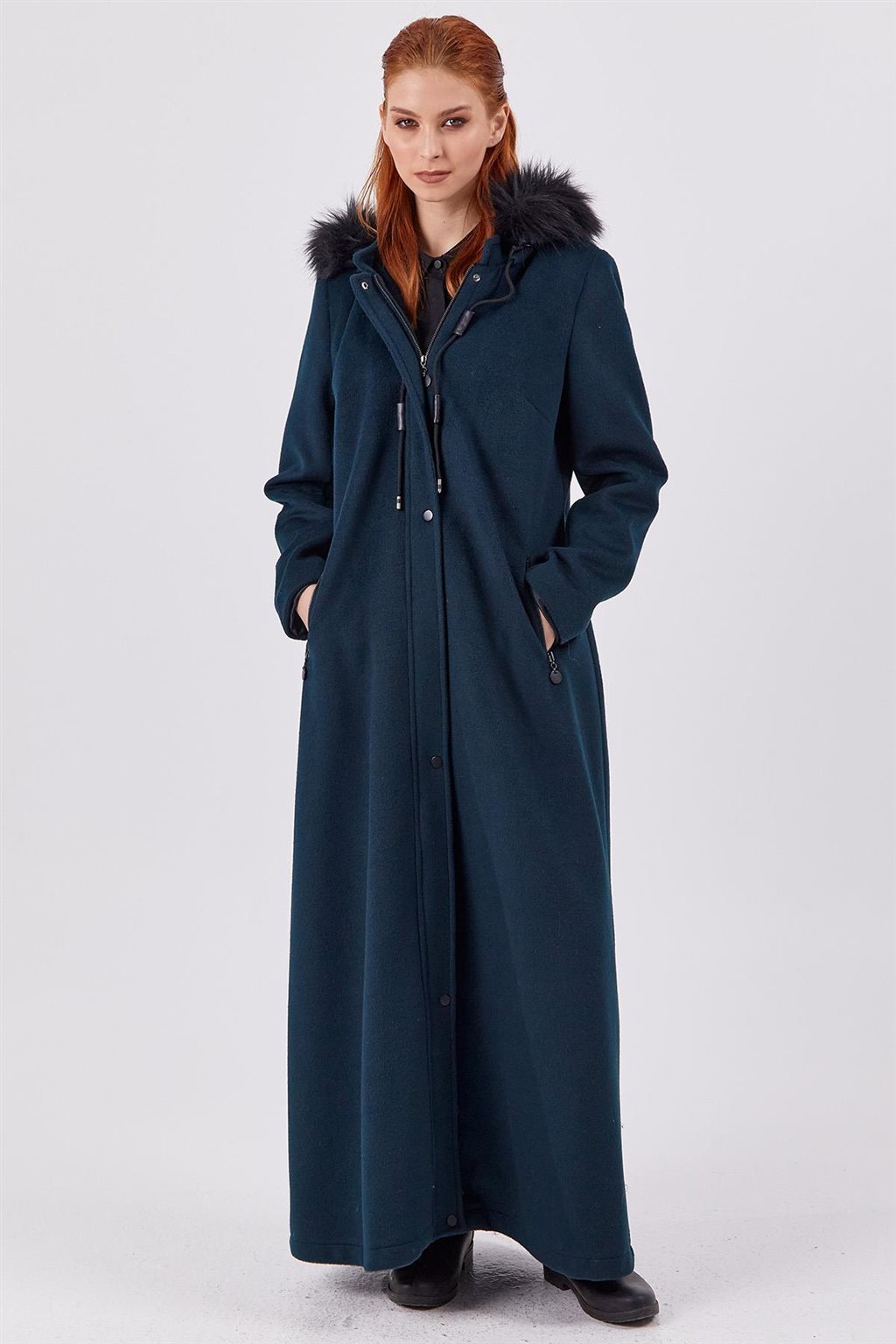 Faux Fur Detailed Coat Petrol