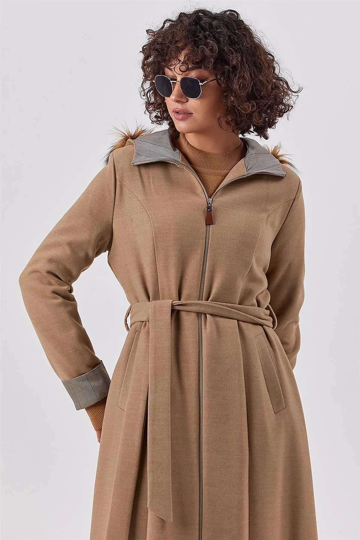 Checkered Trim Coat Beige