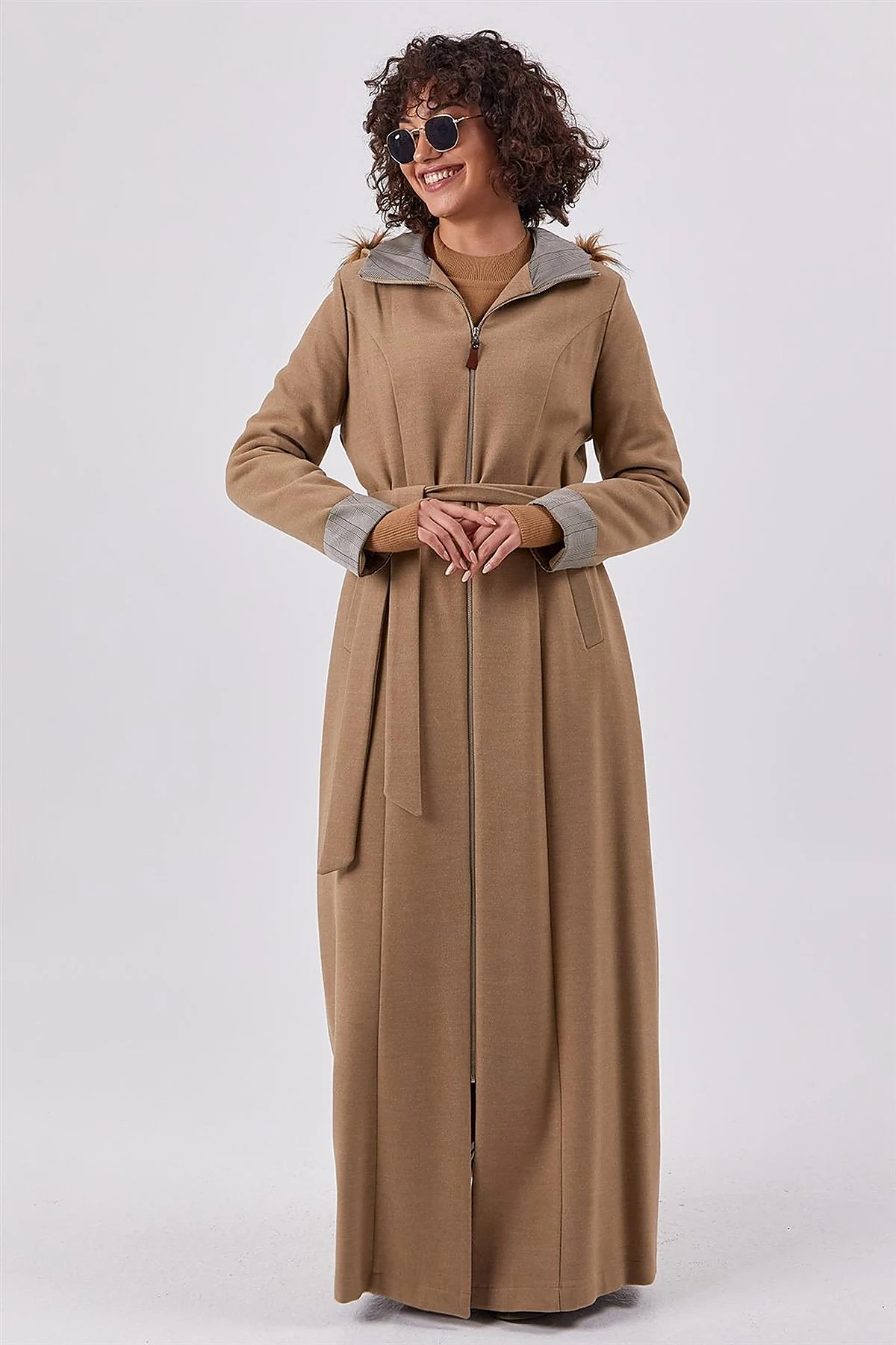 Checkered Trim Coat Beige