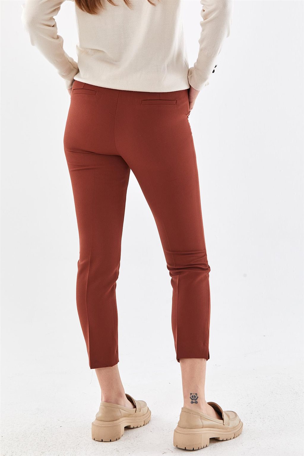 Paçası Yırtmaçlı Skinny Pantolon Kiremit