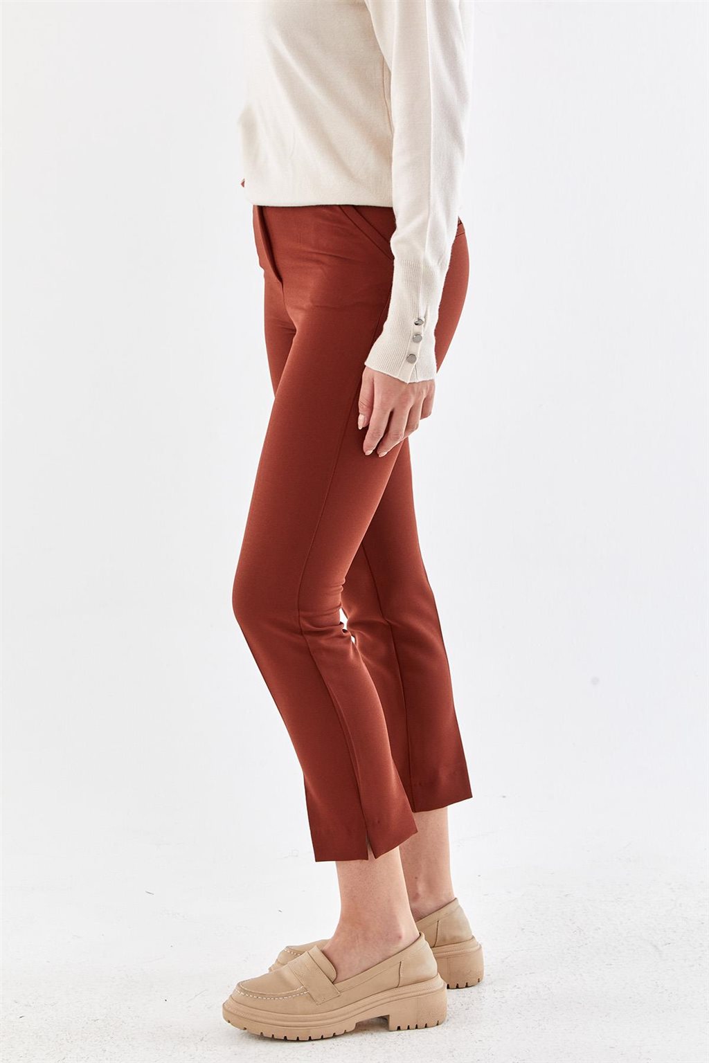 Paçası Yırtmaçlı Skinny Pantolon Kiremit