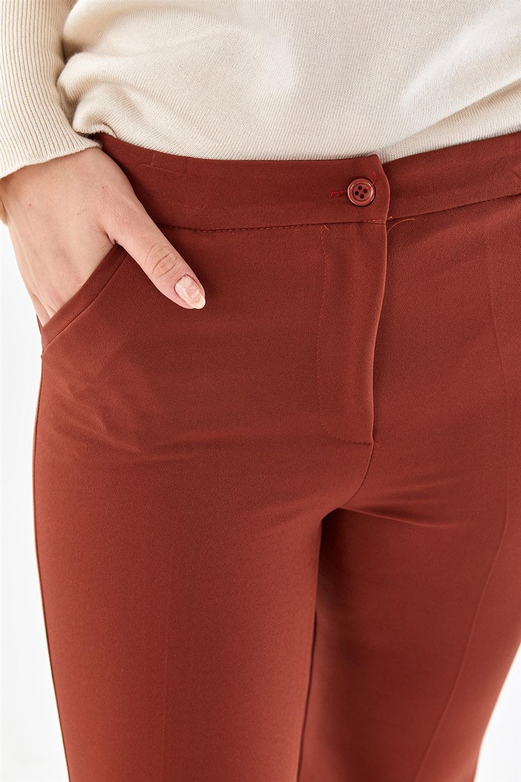 Paçası Yırtmaçlı Skinny Pantolon Kiremit