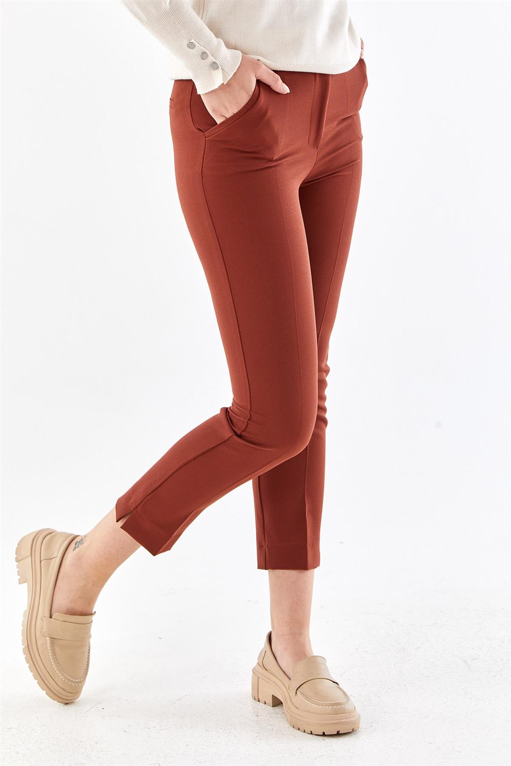 Paçası Yırtmaçlı Skinny Pantolon Kiremit