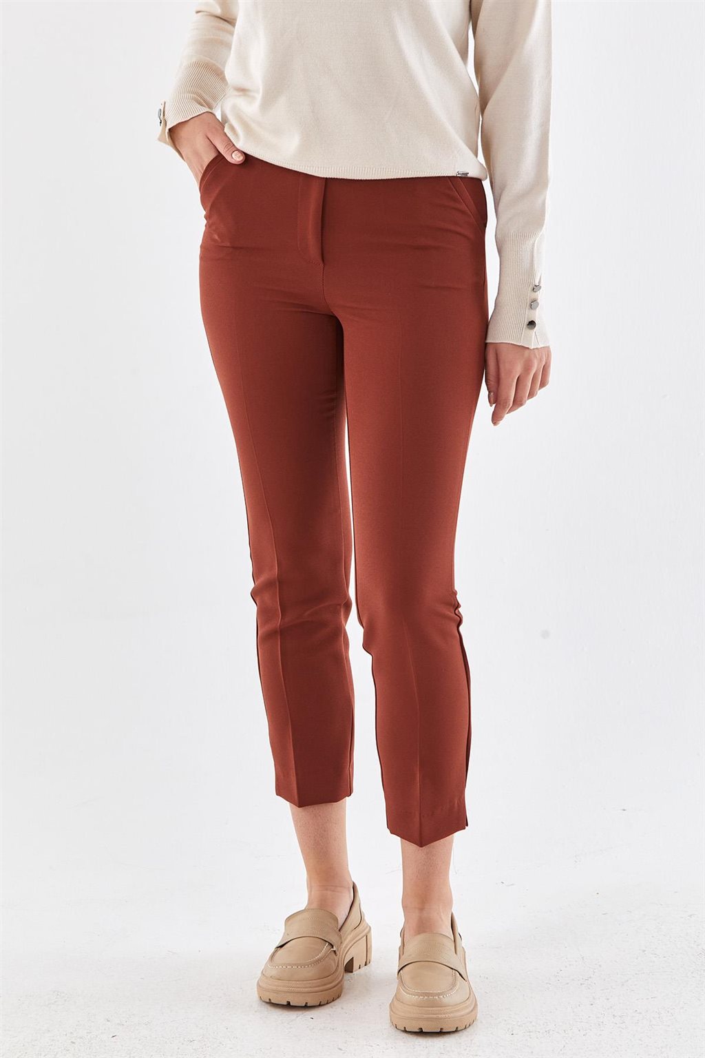 Paçası Yırtmaçlı Skinny Pantolon Kiremit