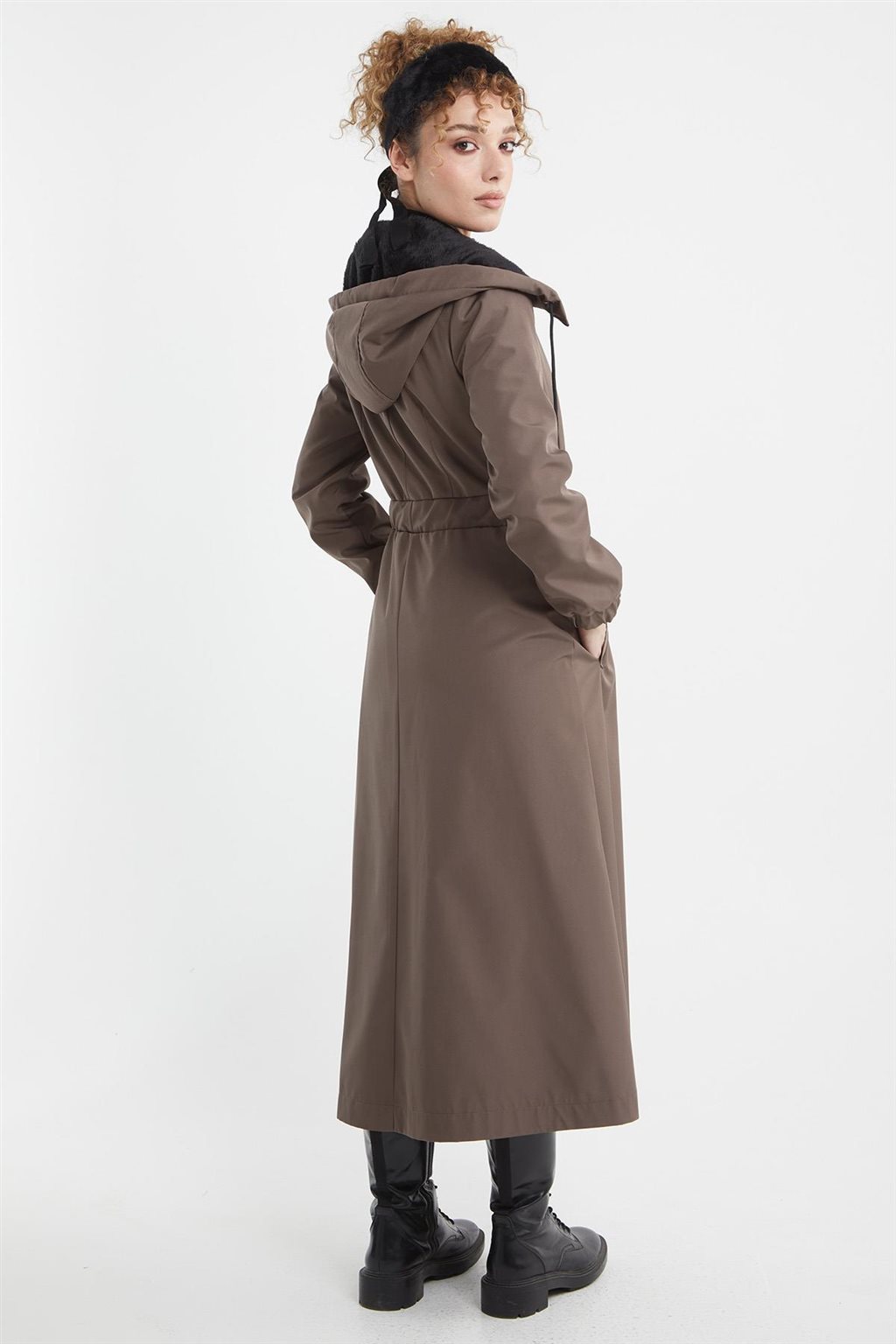 Hooded Belt Detail Coat Mink 