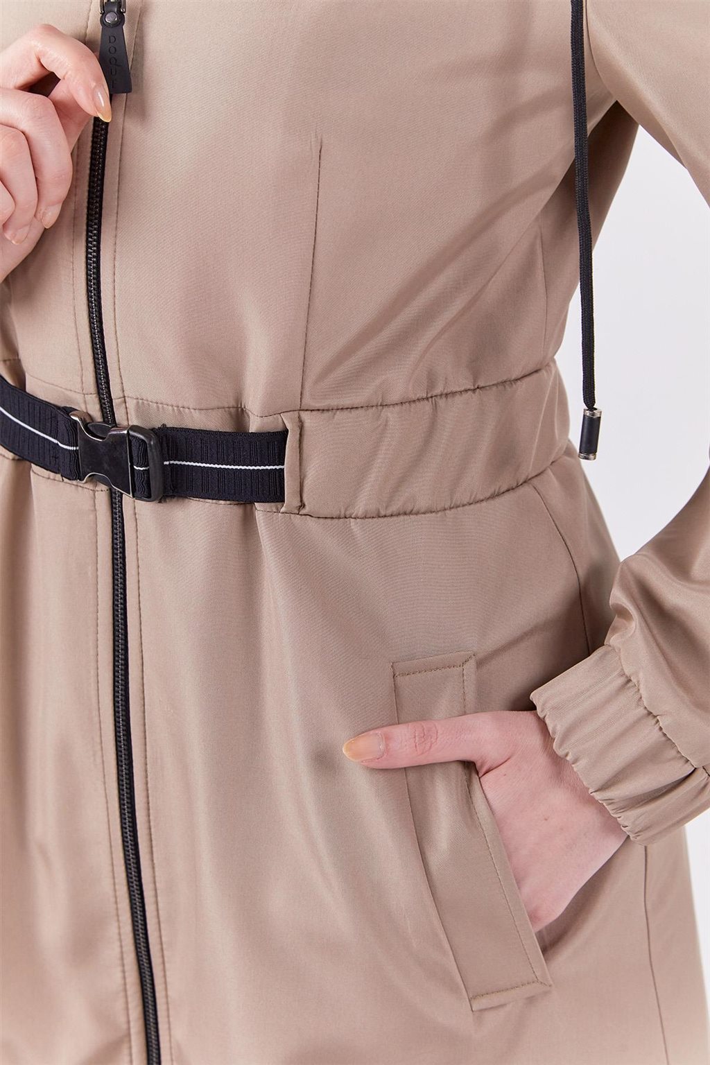 Hooded Belt Detail Coat Stone