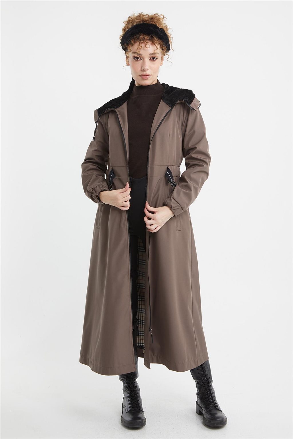 Hooded Belt Detail Coat Mink 
