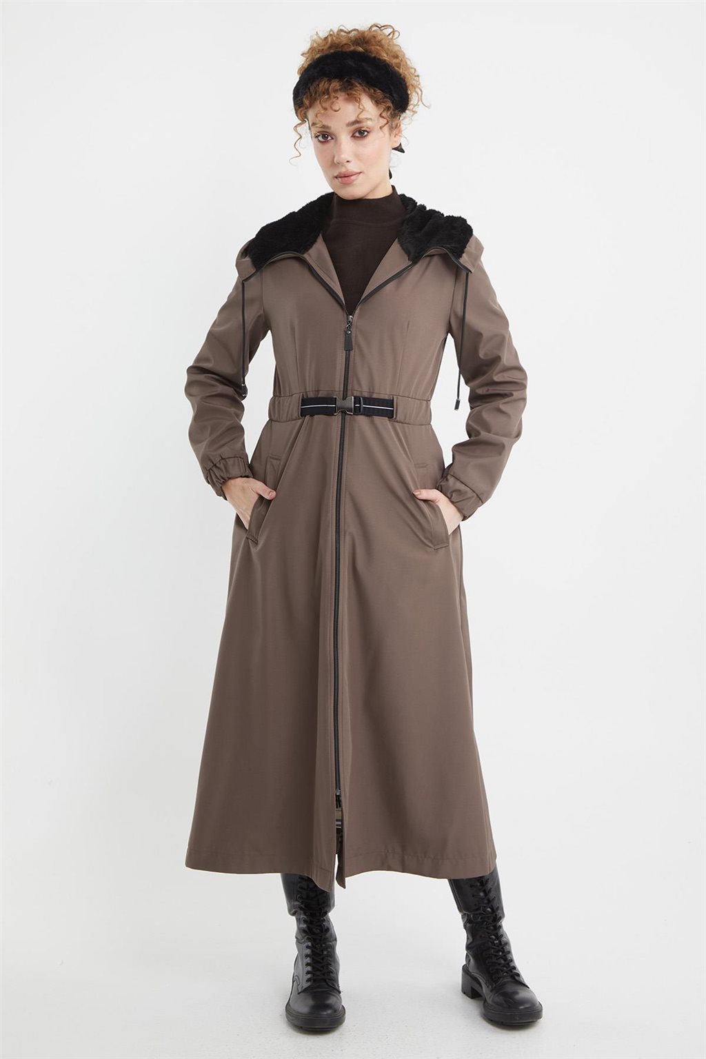 Hooded Belt Detail Coat Mink 