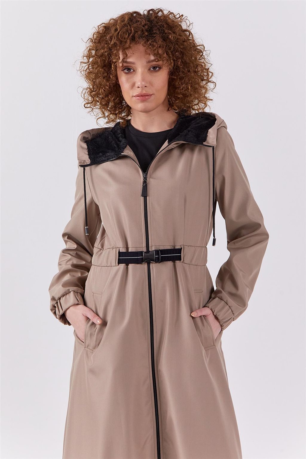 Hooded Belt Detail Coat Stone