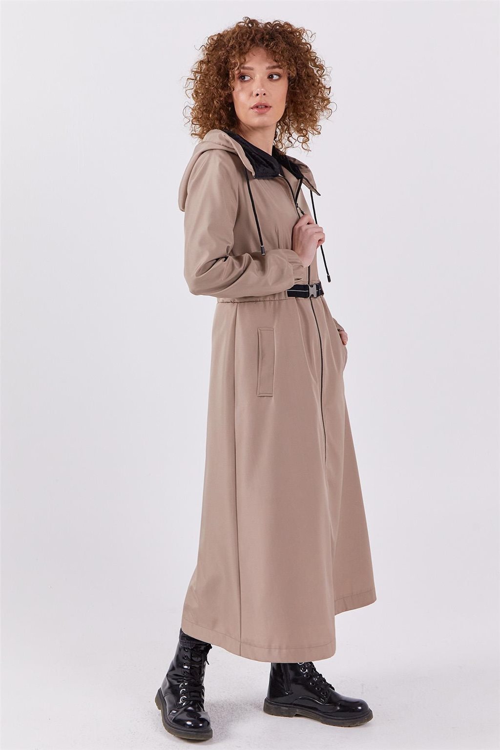 Hooded Belt Detail Coat Stone