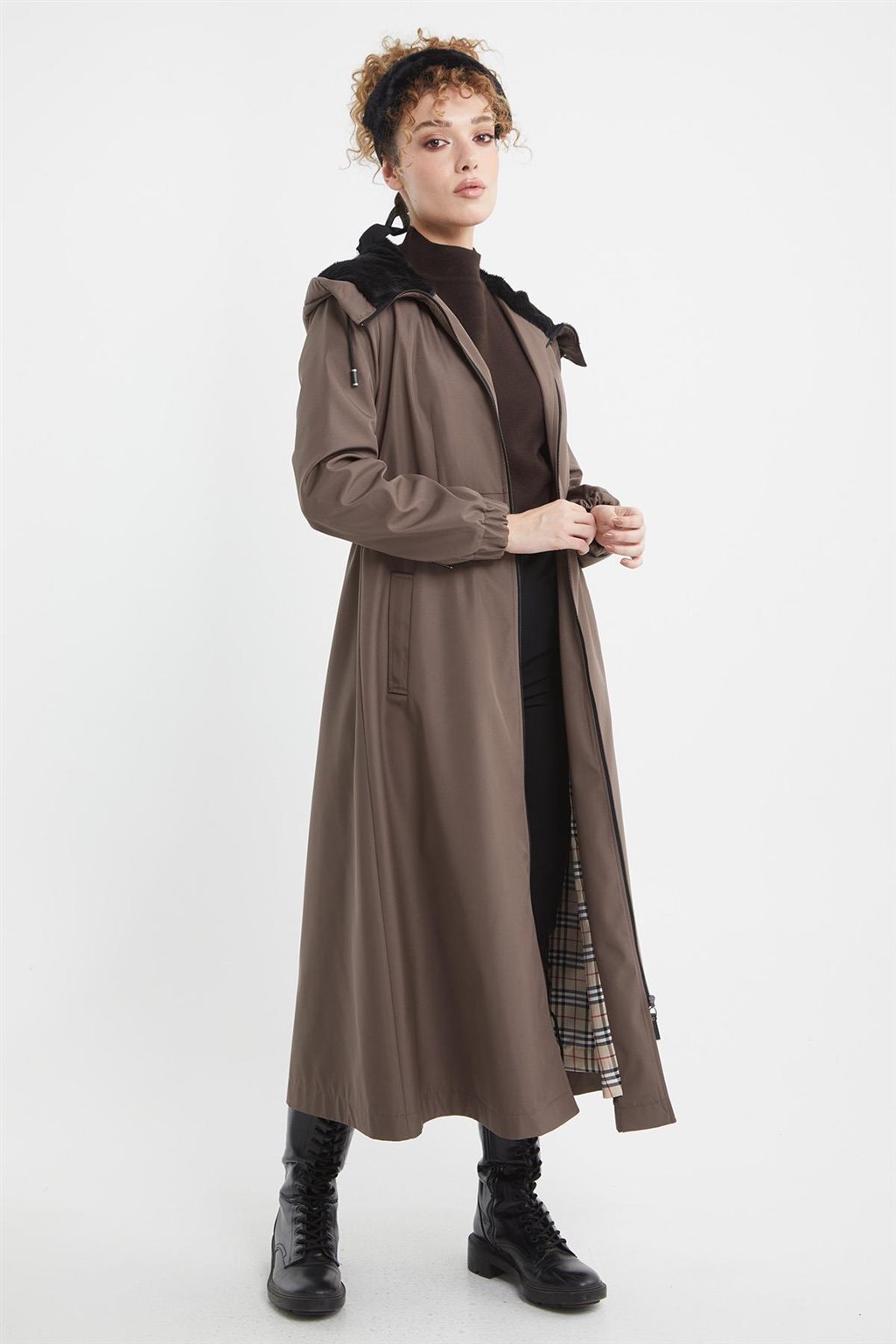 Hooded Belt Detail Coat Mink 