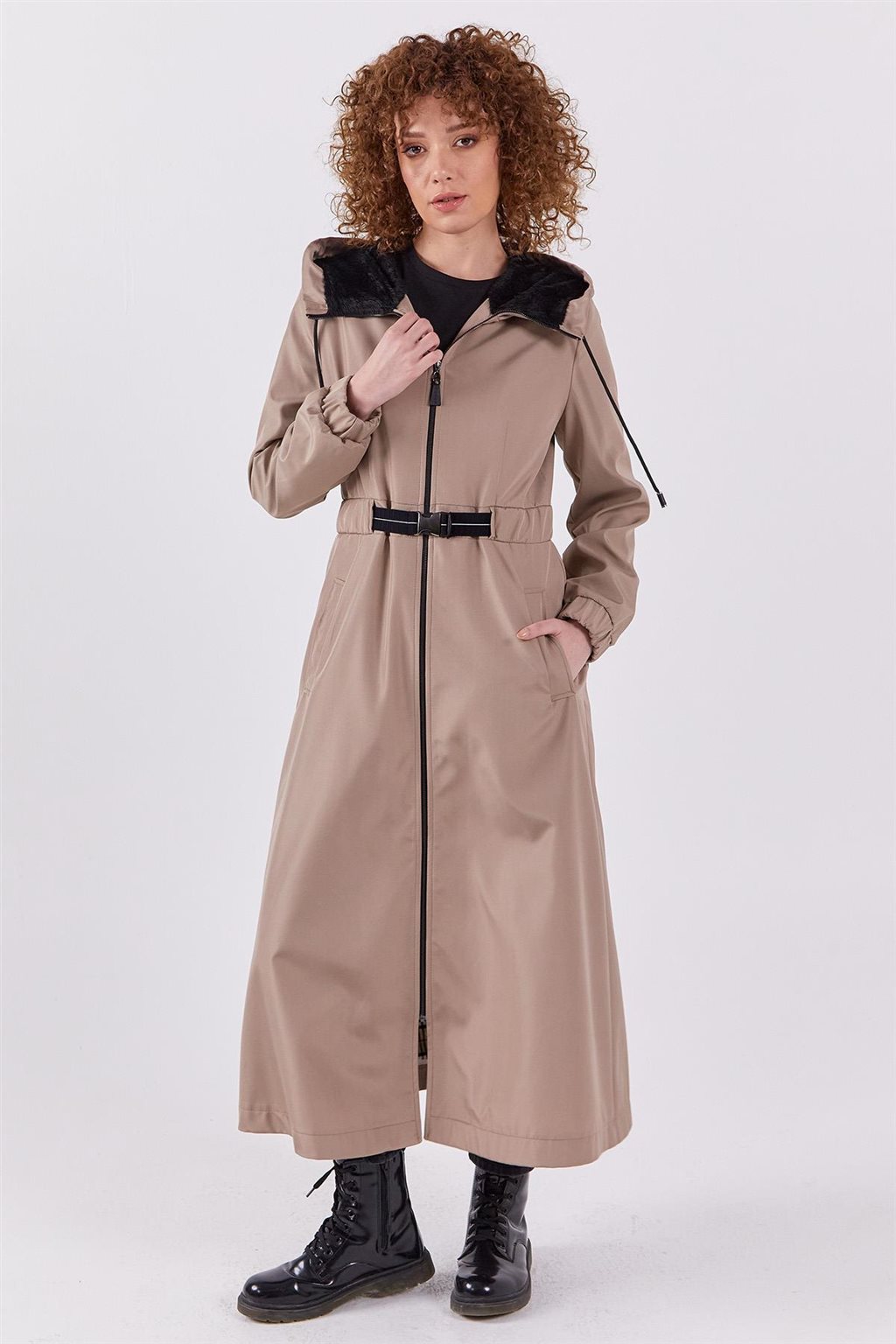 Hooded Belt Detail Coat Stone