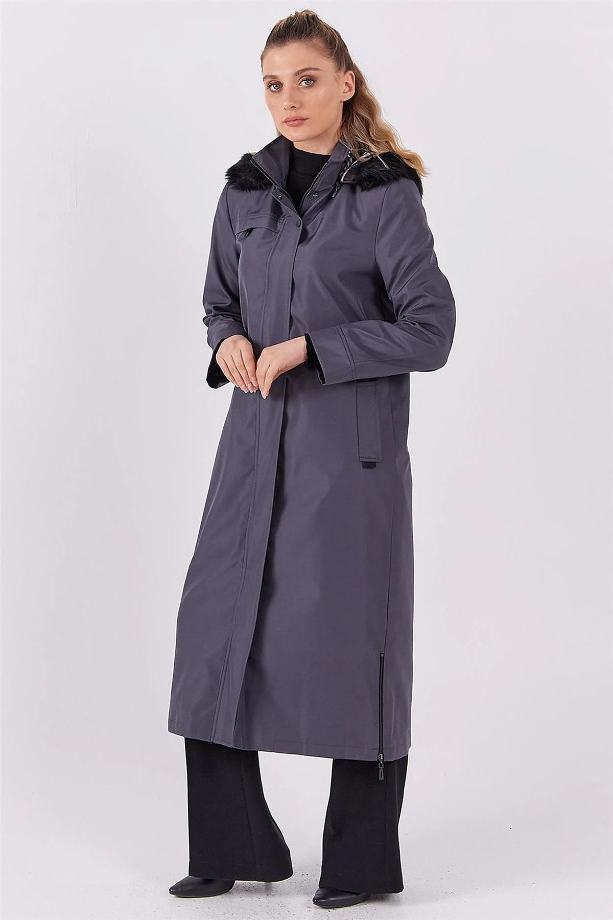 Pocket Detail Hooded Coat Anthracite