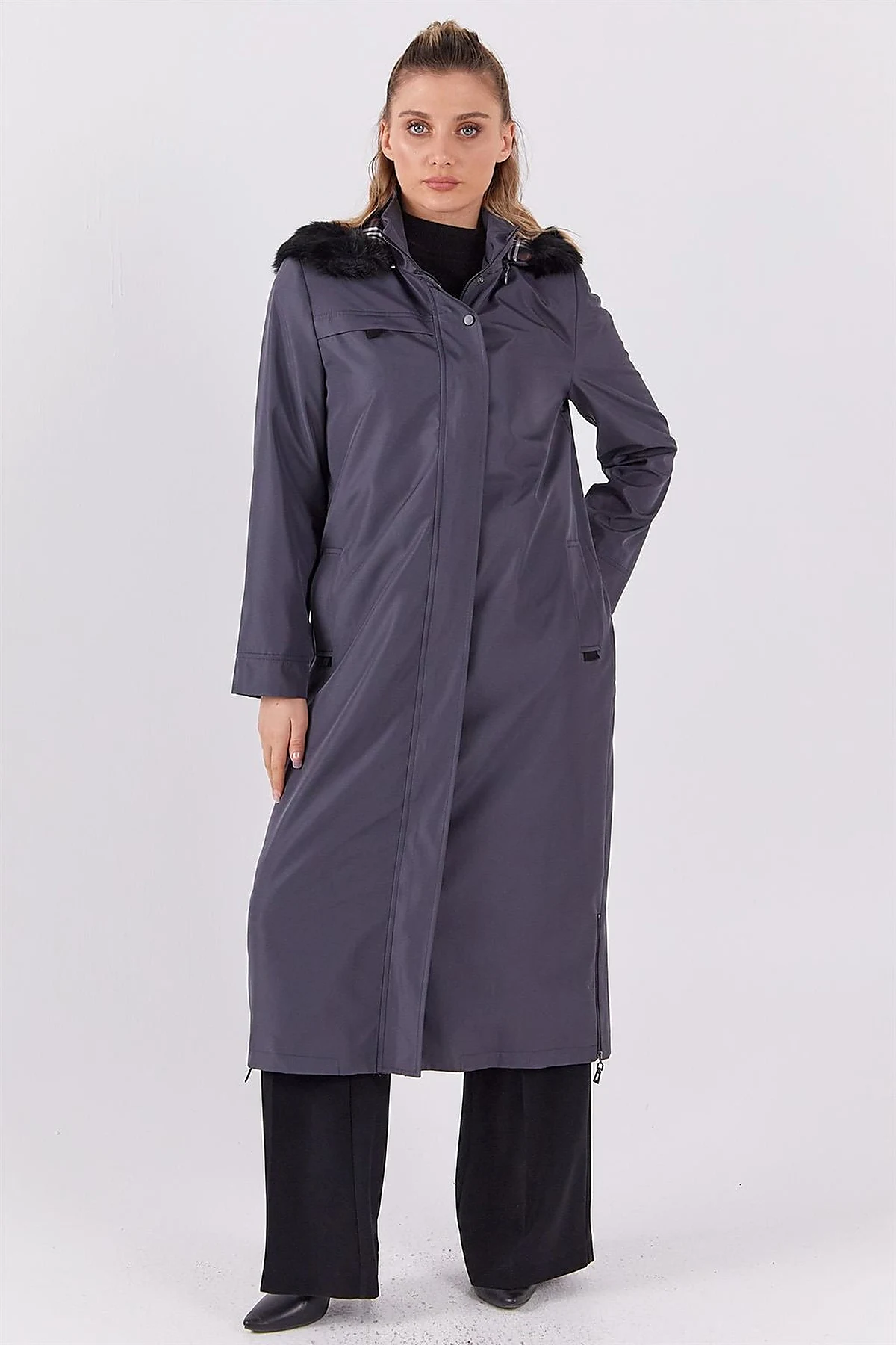 Pocket Detail Hooded Coat Anthracite