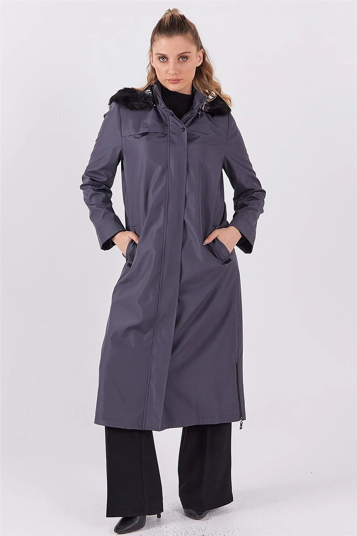 Pocket Detail Hooded Coat Anthracite