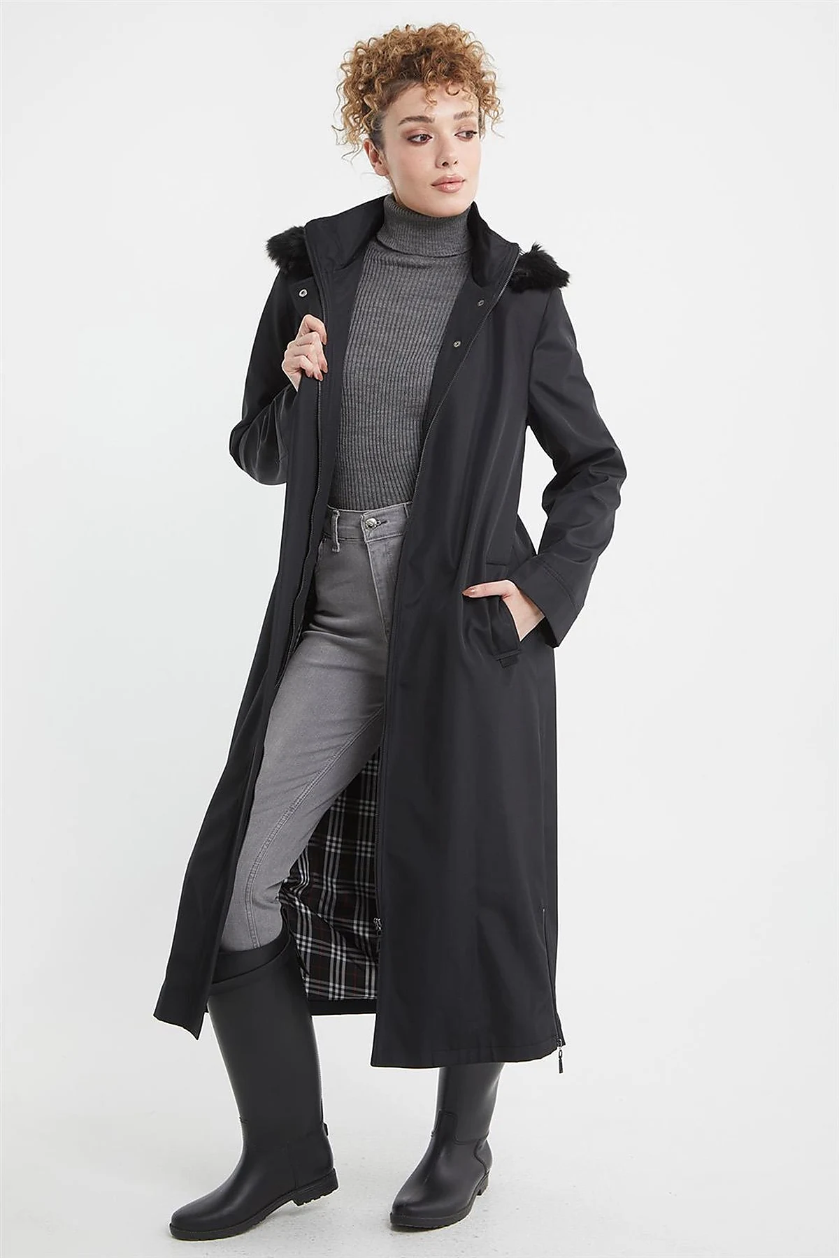 Pocket Detail Hooded Coat Black