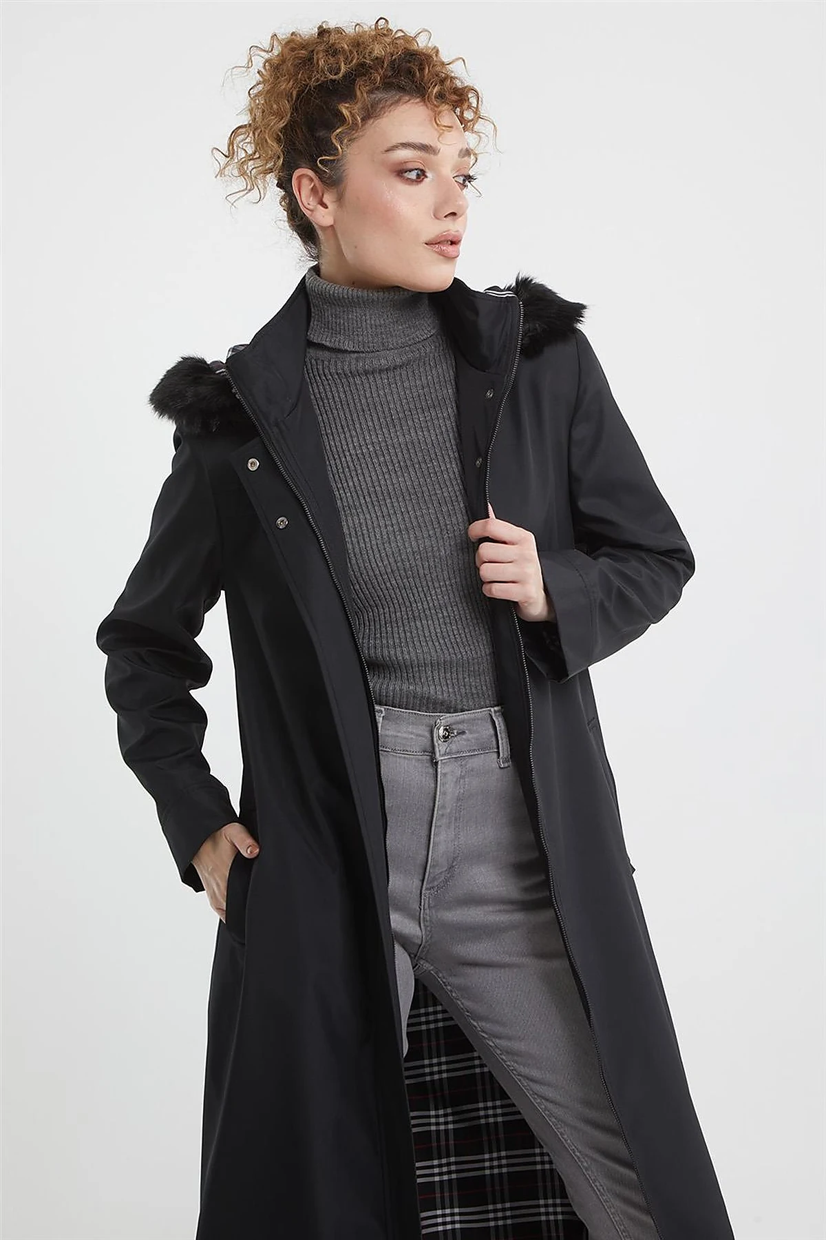 Pocket Detail Hooded Coat Black