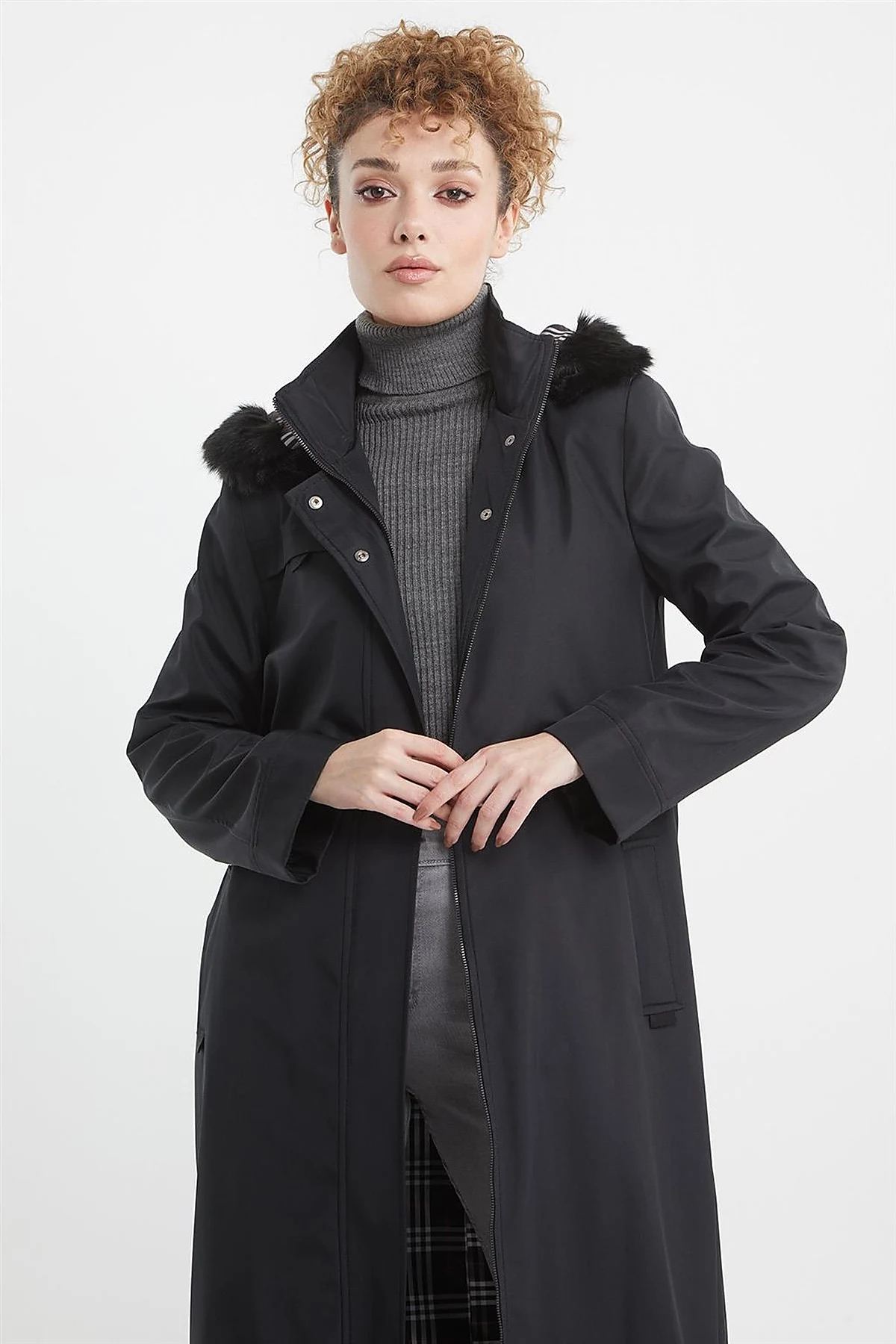 Pocket Detail Hooded Coat Black
