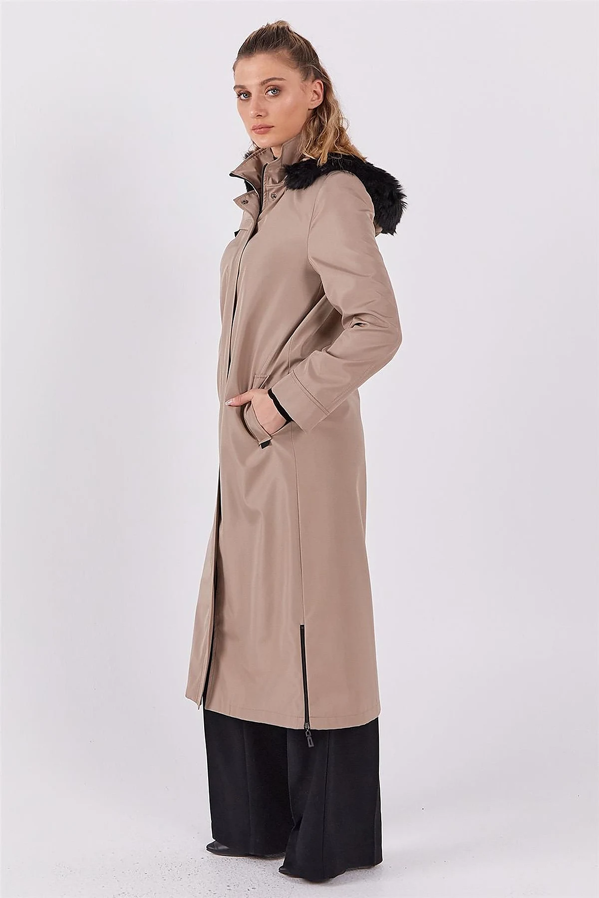 Pocket Detail Hooded Coat Stone 