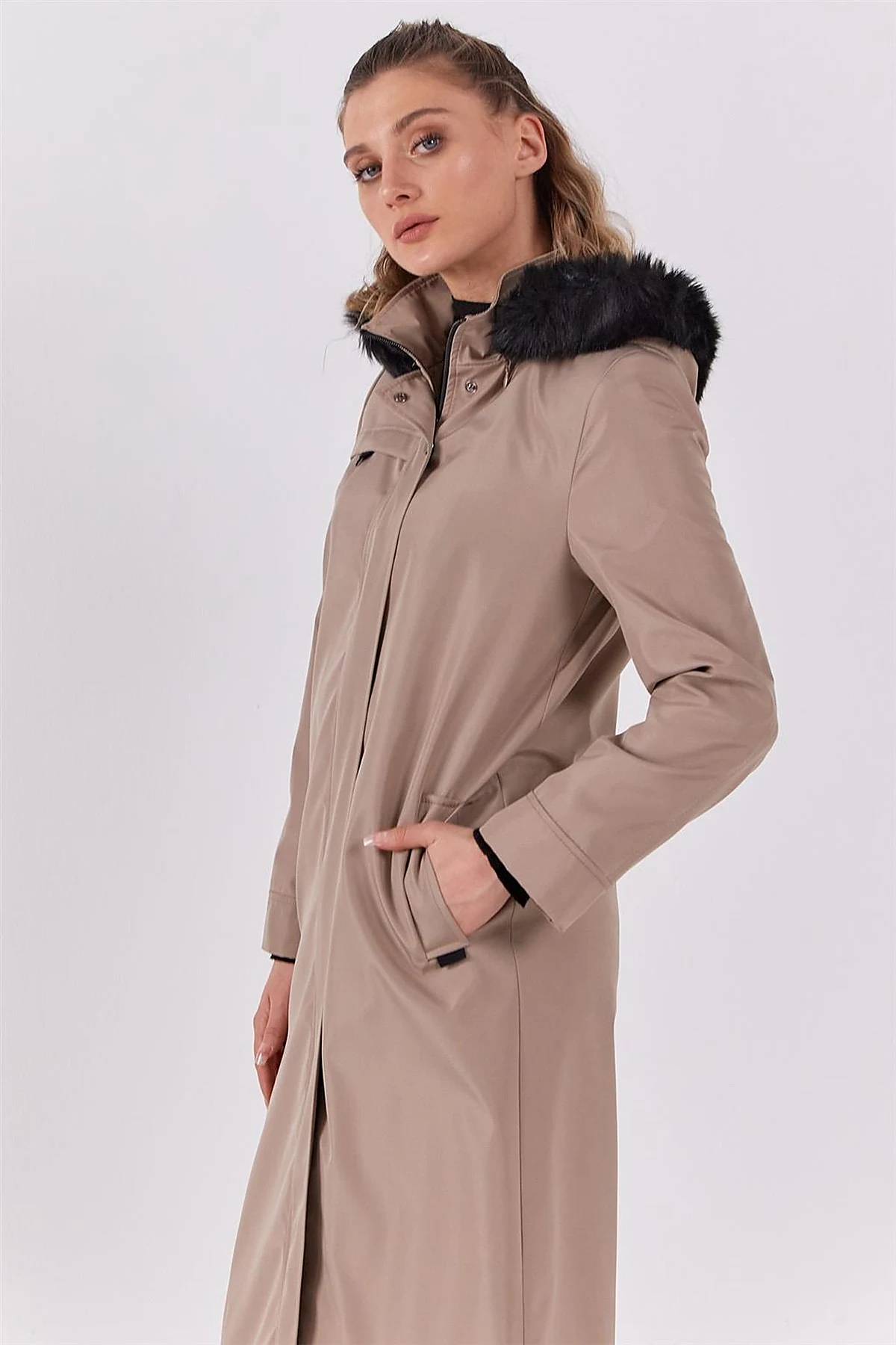 Pocket Detail Hooded Coat Stone 