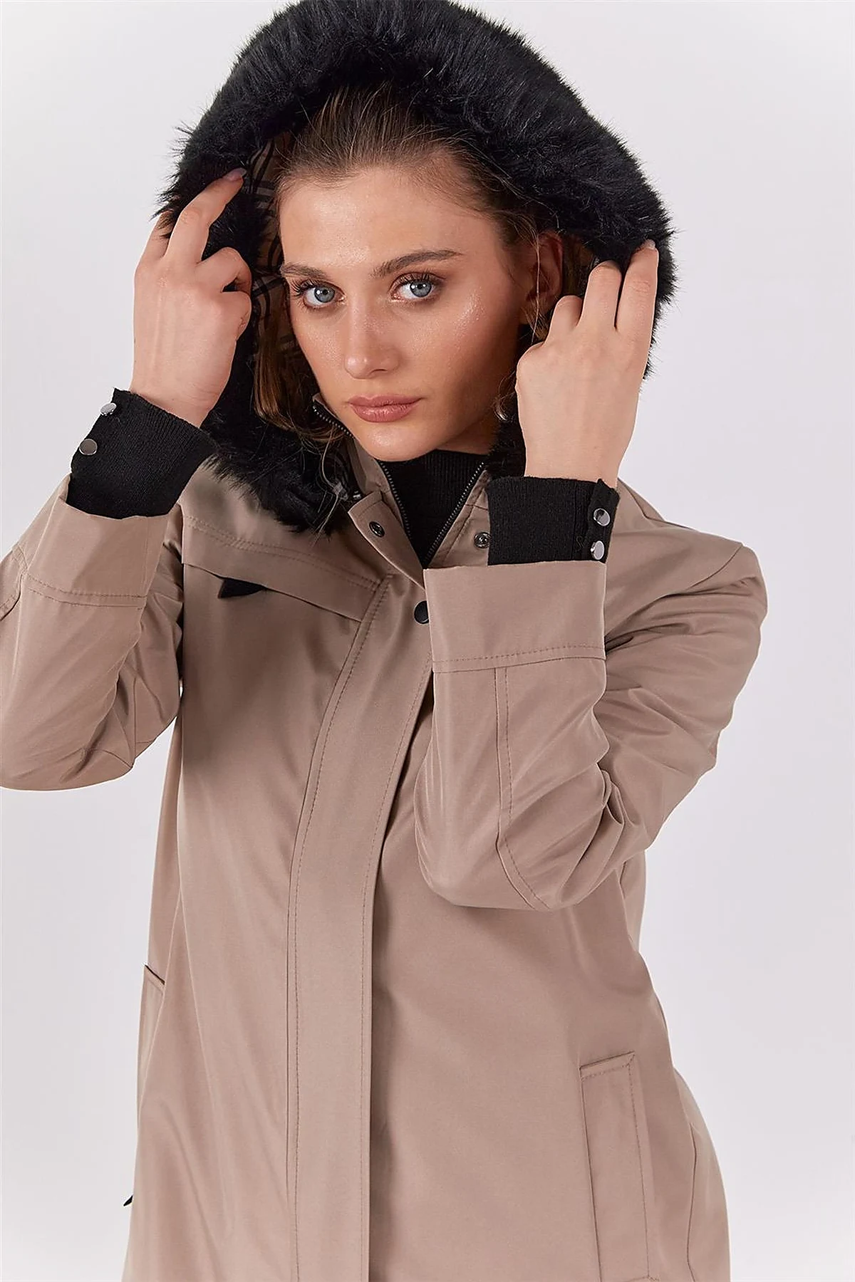 Pocket Detail Hooded Coat Stone 