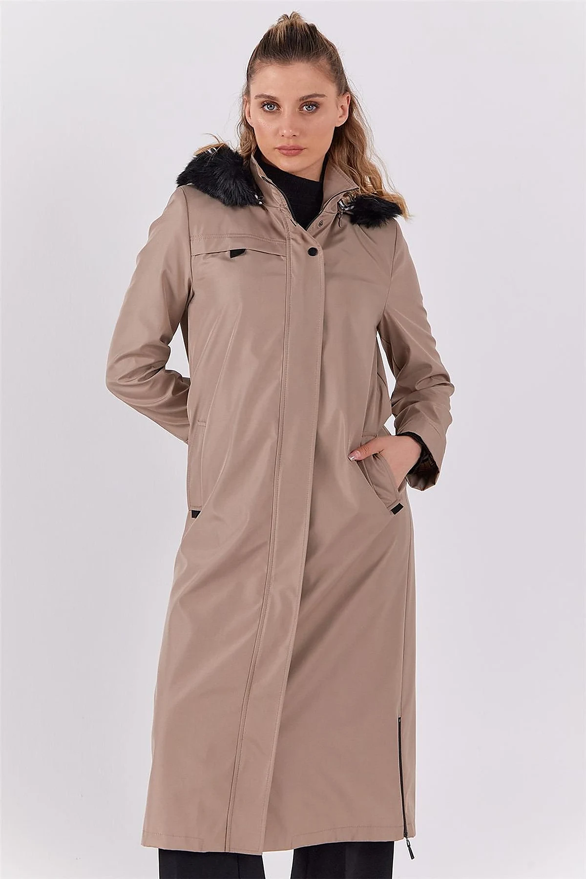 Pocket Detail Hooded Coat Stone 