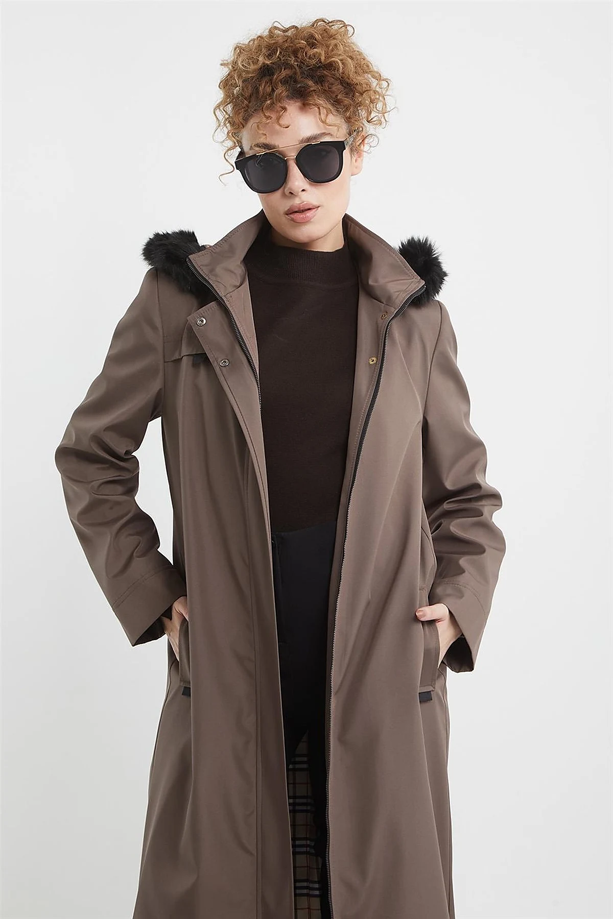 Pocket Detail Hooded Coat Mink 