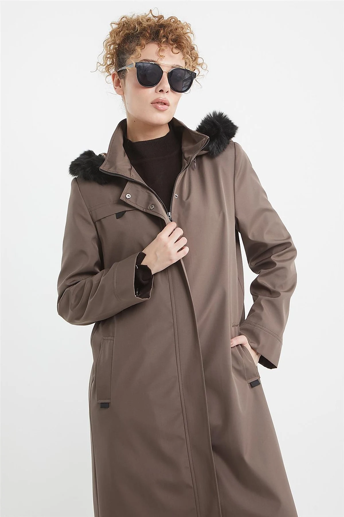 Pocket Detail Hooded Coat Mink 