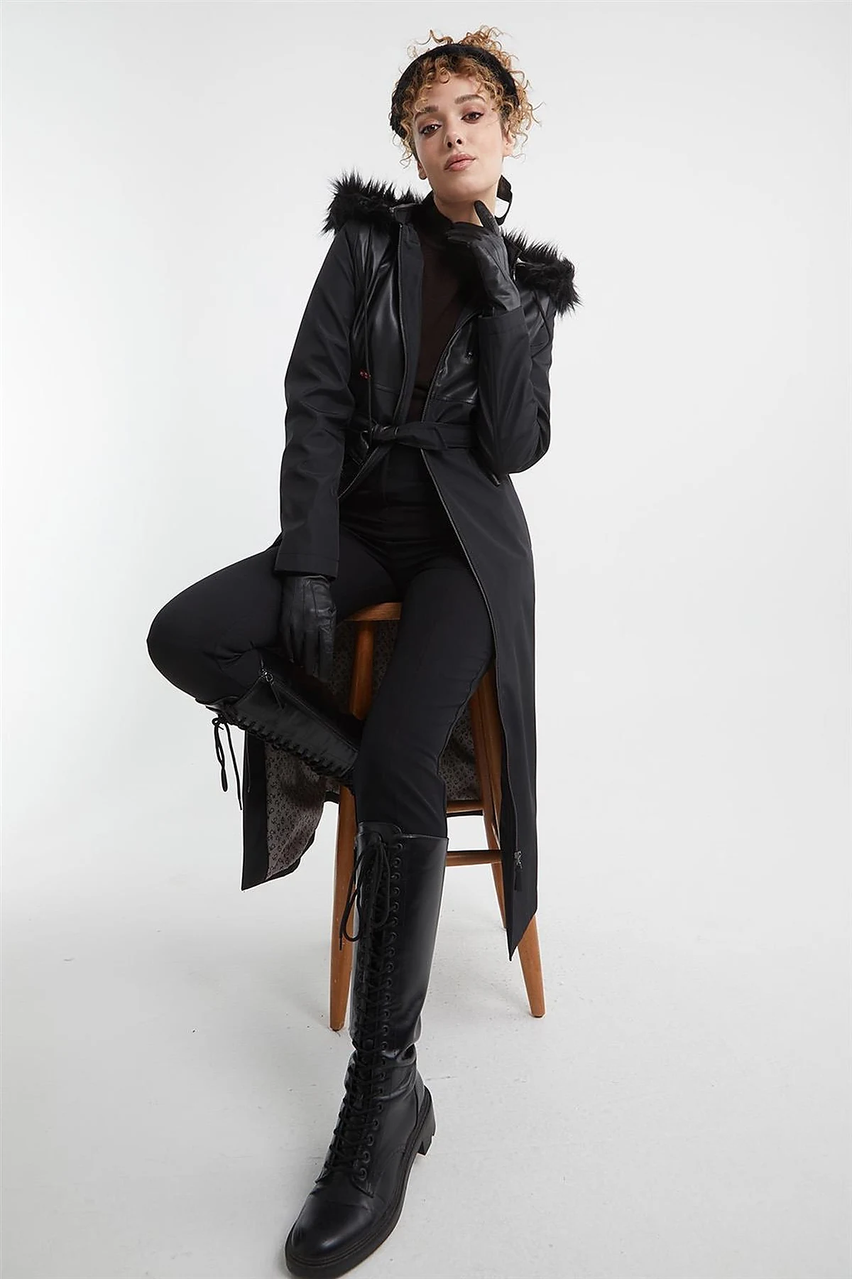 Leather-Trimmed Hooded Coat Black