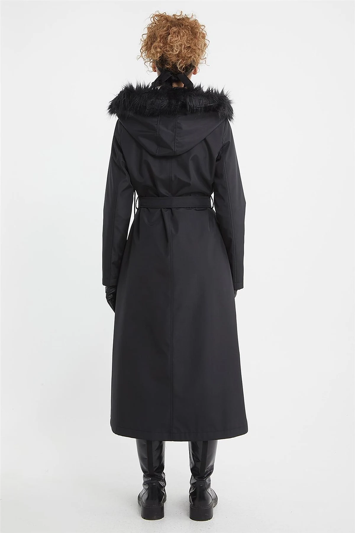 Leather-Trimmed Hooded Coat Black