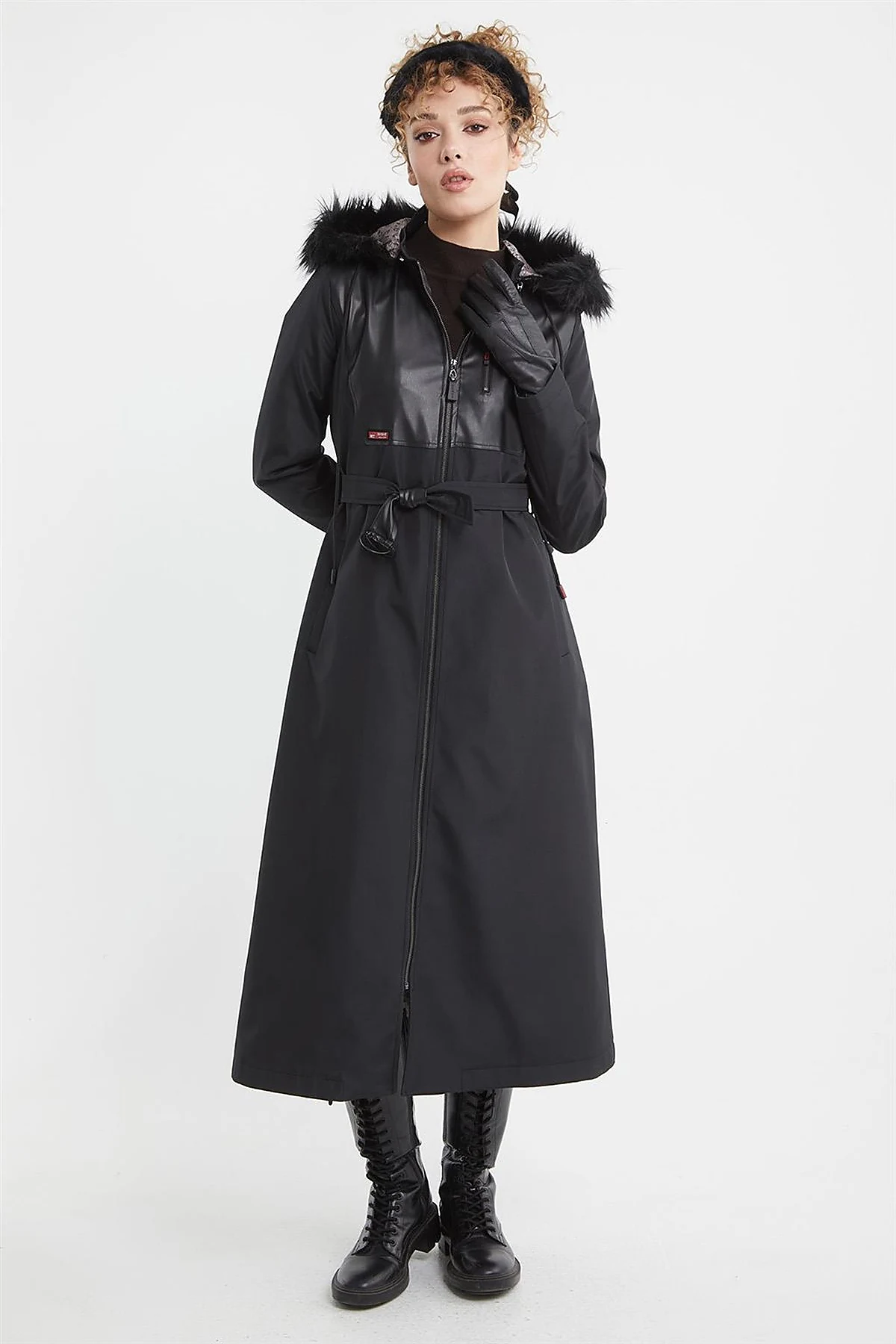 Leather-Trimmed Hooded Coat Black