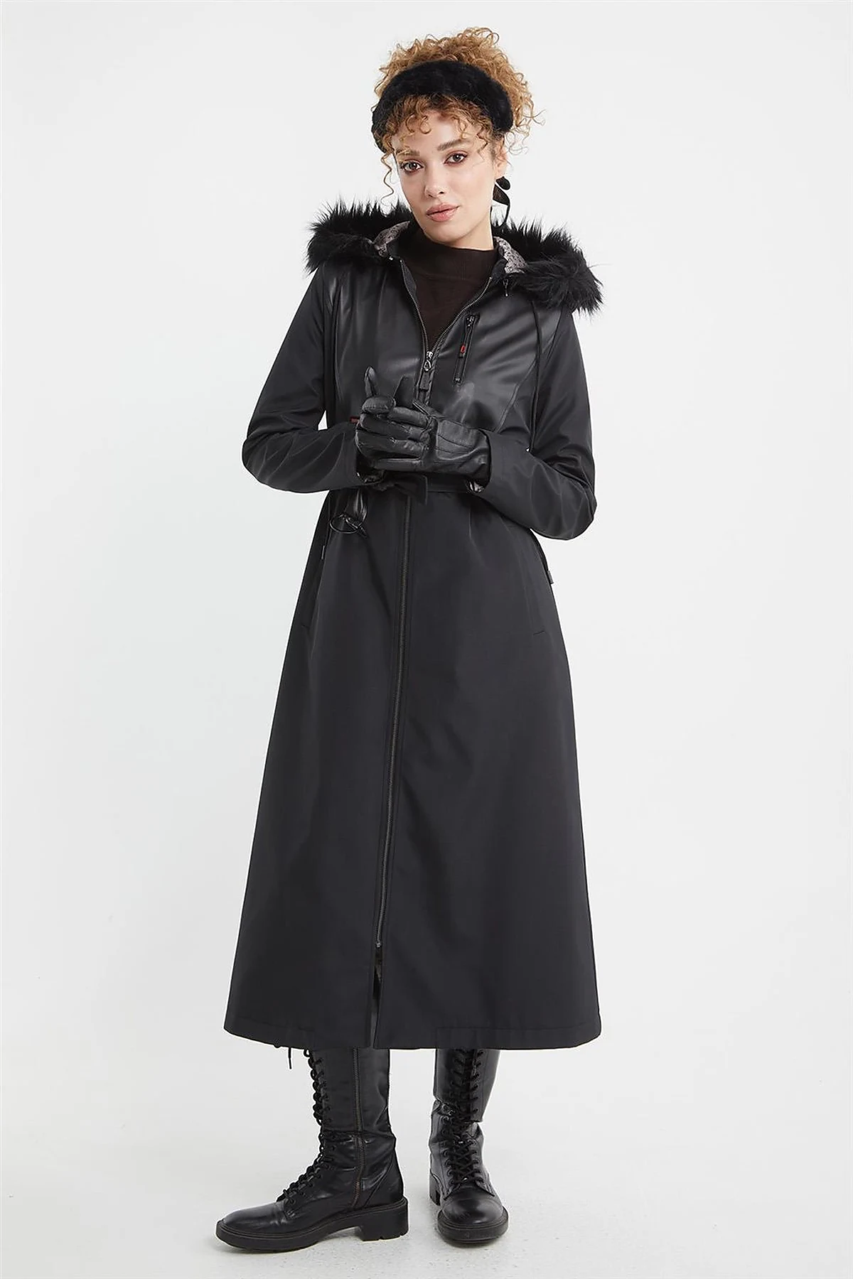 Leather-Trimmed Hooded Coat Black